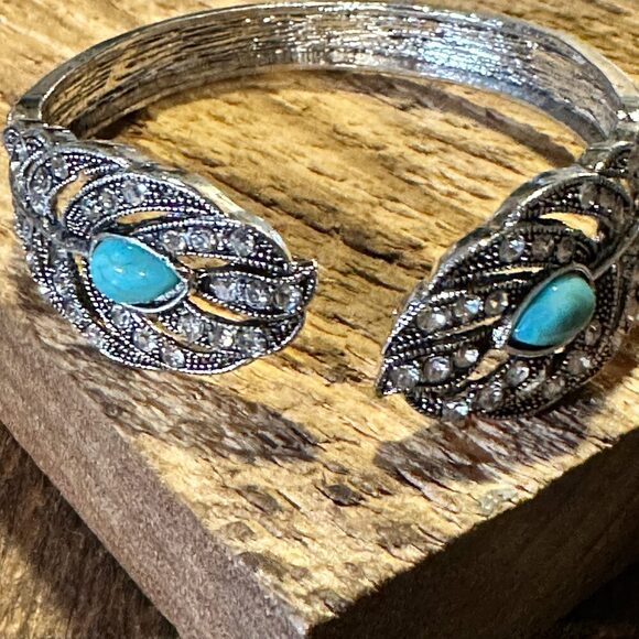 Boho Vintage Southwestern Cowgirl Crystal CZ Cuff Bracelet, Turquoise Stone, XL - Picture 2 of 8